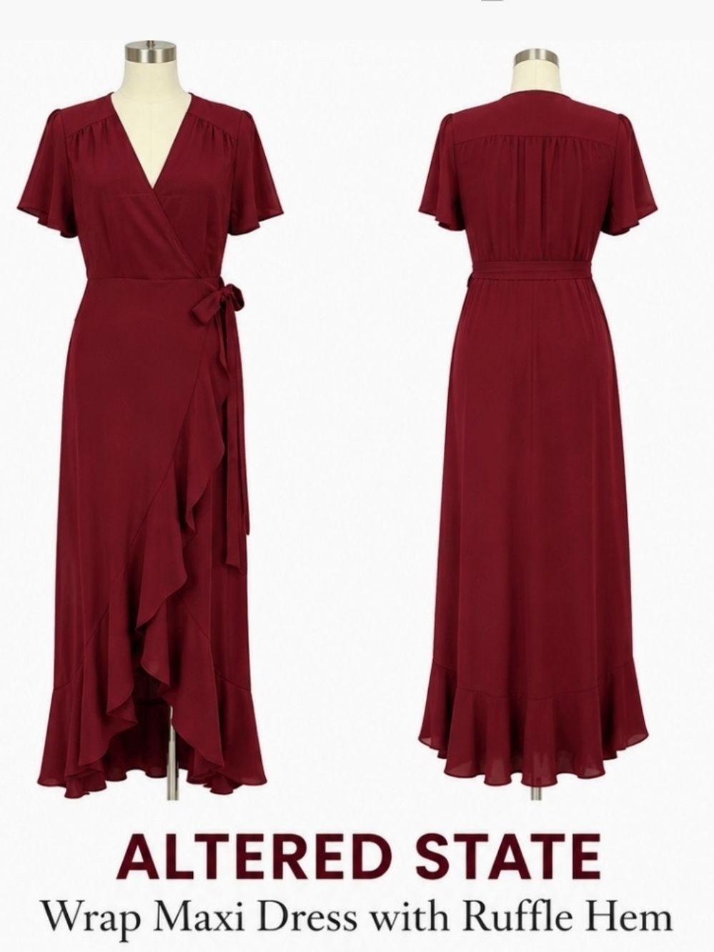 Altar'd State Burgundy Wrap Maxi Dress with Ruffle Hem